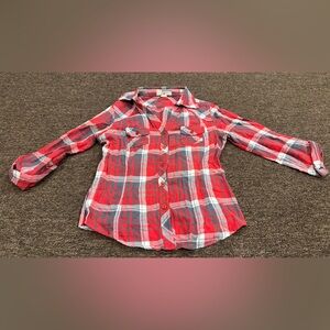 EUC! Derek Heart Red Gray Plaid M Ladies casual LS Button Down Flannel Shirt
